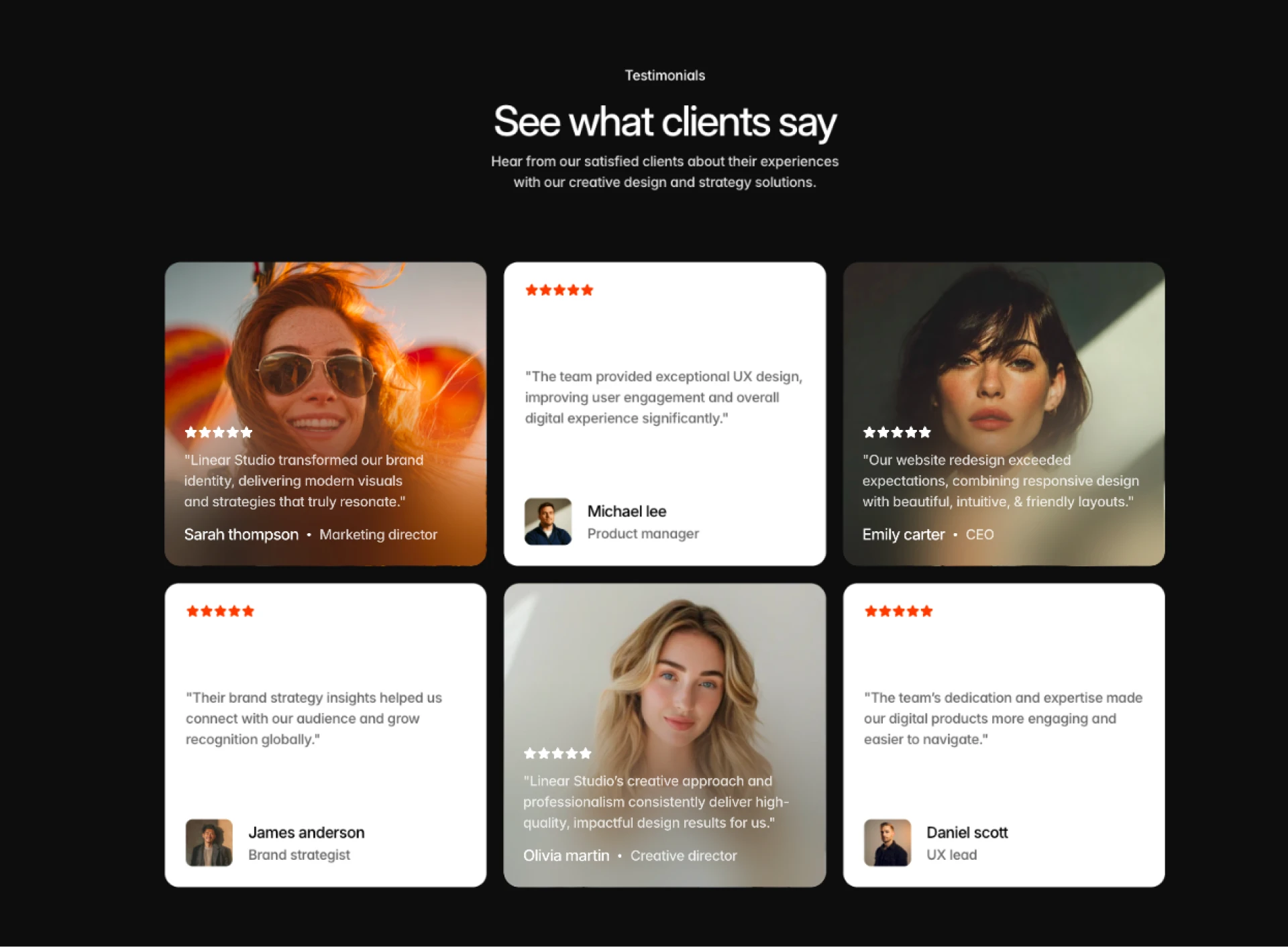 Testimonials — See what clients say. Hear from our satisfied clients about their experiences with our creative designs and strategic solutions. Six client reviews with five-star ratings.